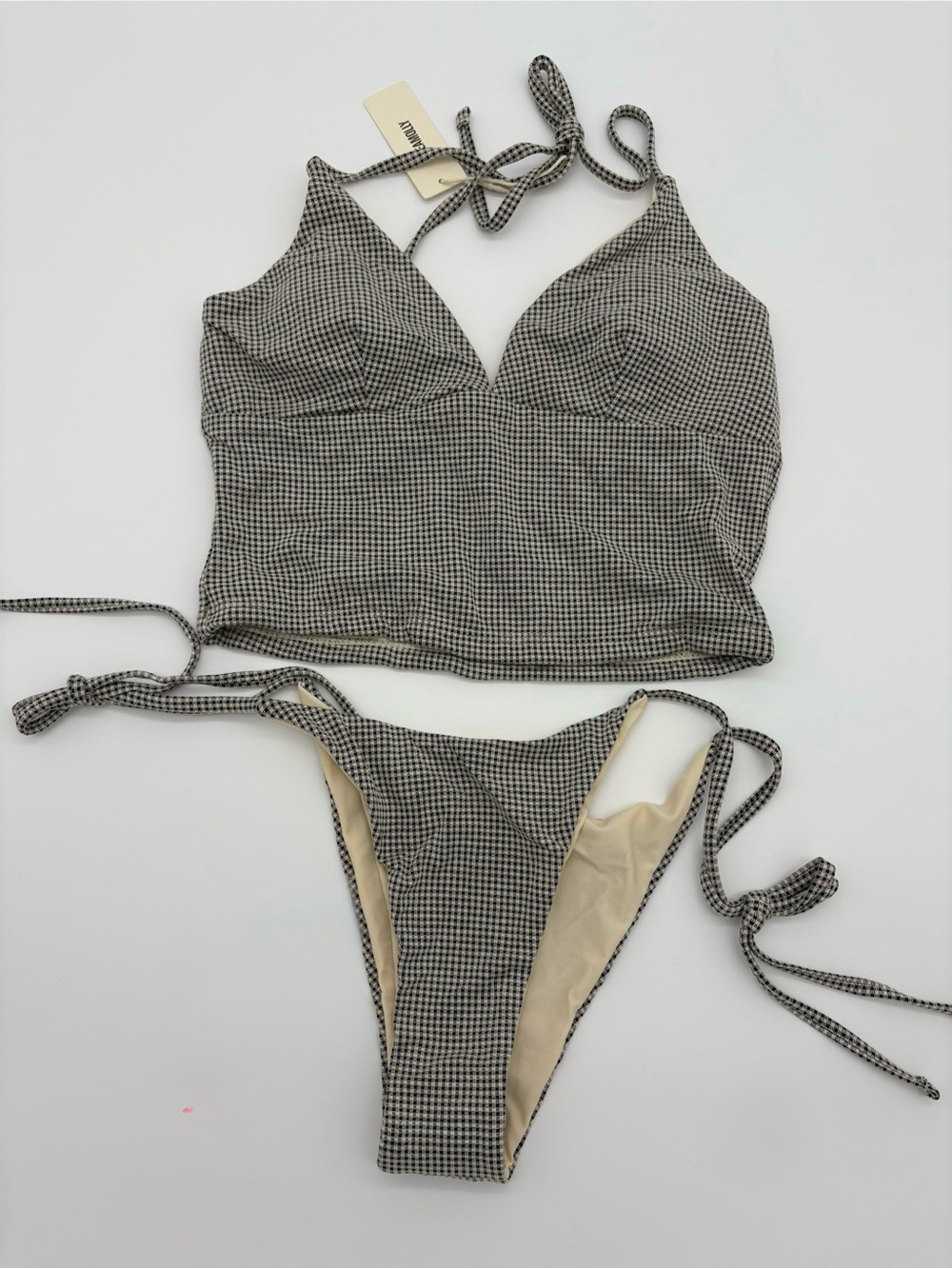 Checked Tie-Back Tank Bikini Set - Black/White NWT